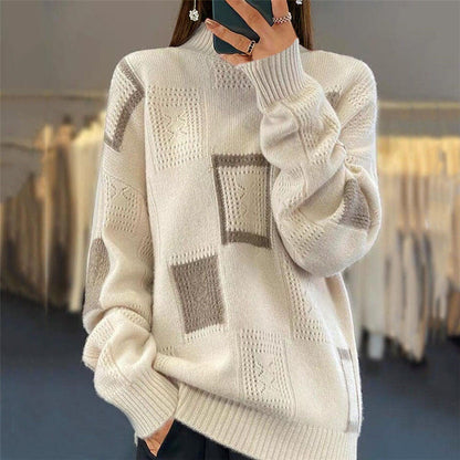 Women's fashionable sweater with structured patchwork pattern NOVAE