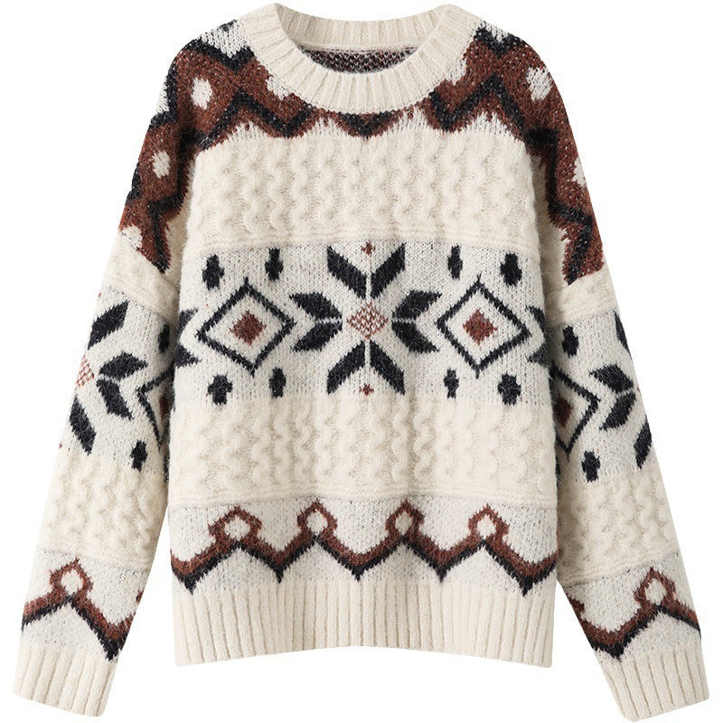Women's chunky knit sweater with geometric pattern and round neckline NOVAE