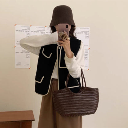 Women's Stylish Vest with Contrasting Pockets and Button Details NOVAE