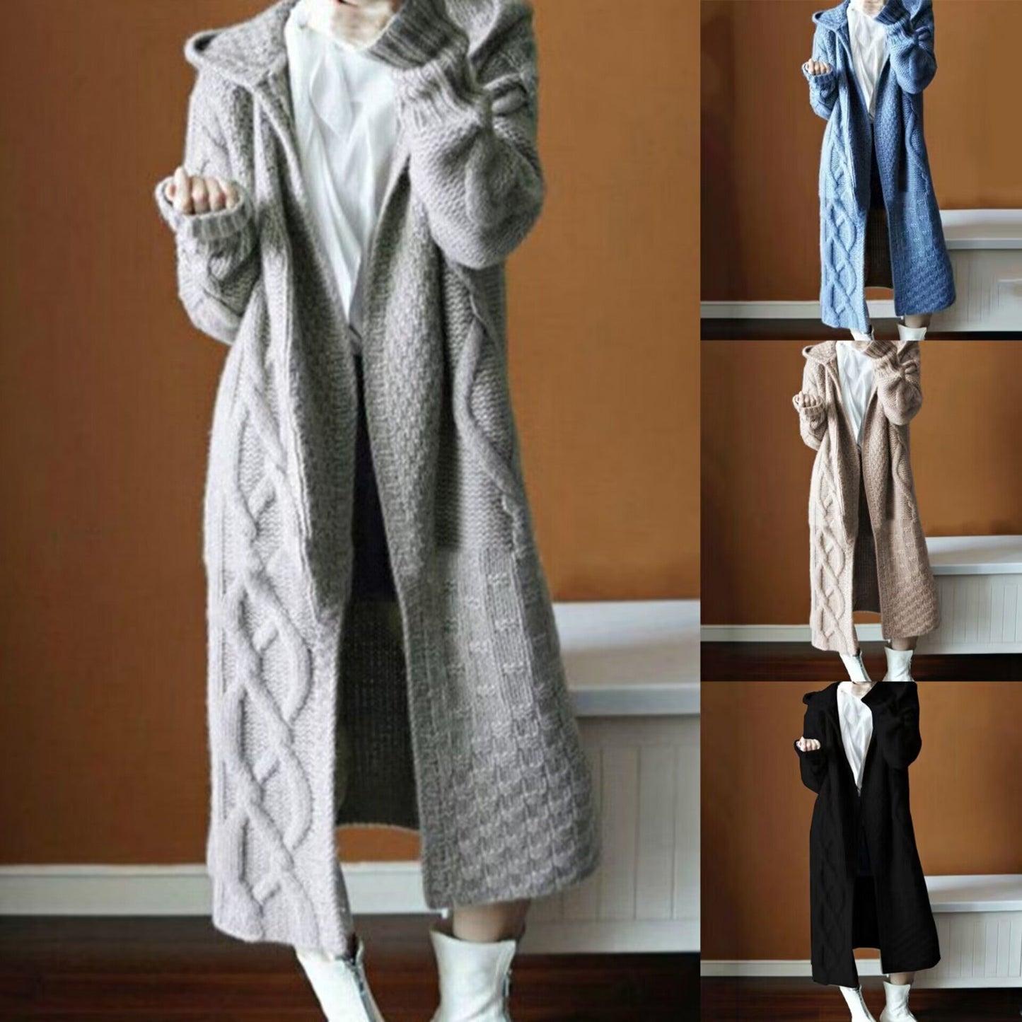 Women's Long Knitted Coat with Hood and Cable Pattern NOVAE