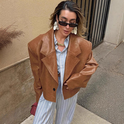 Women's short leather jacket in a stylish blazer look NOVAE