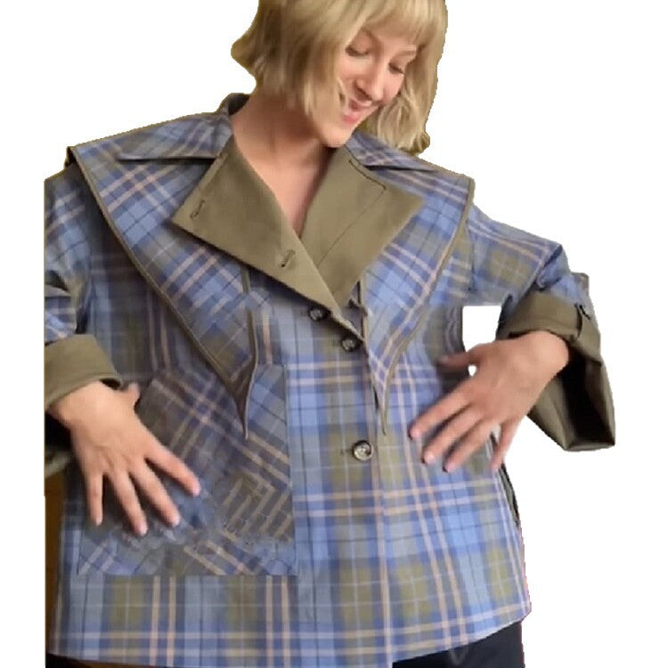 Women's fashionable transitional jacket with multi-check pattern and embroidered details NOVAE