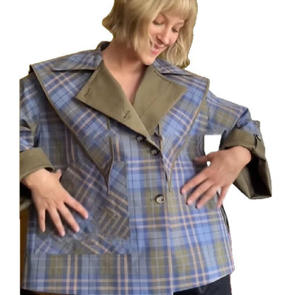 Women's fashionable transitional jacket with multi-check pattern and embroidered details NOVAE