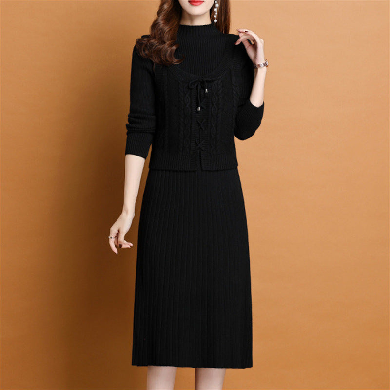 Women's elegant knit dress with high neckline and decorative cable design NOVAE