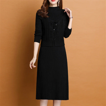 Women's elegant knit dress with high neckline and decorative cable design NOVAE