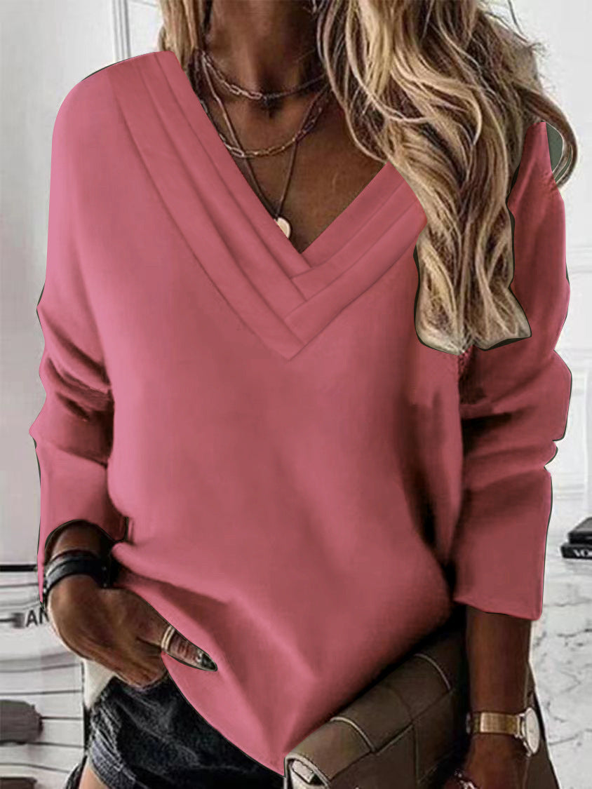 Women's V-neck sweatshirt with elegant pleated details NOVAE