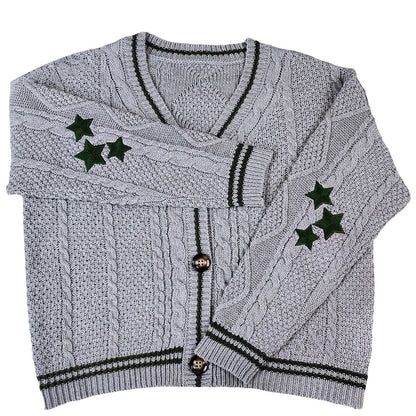 Women's chunky knit cardigan with elegant star appliqués and contrasting details NOVAE