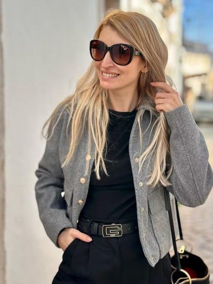 Women's fashionable short jacket with practical pockets and gold buttons NOVAE