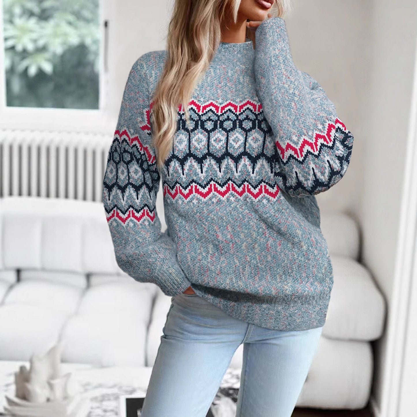 Women's knit sweater with a modern geometric pattern and oversized cut NOVAE