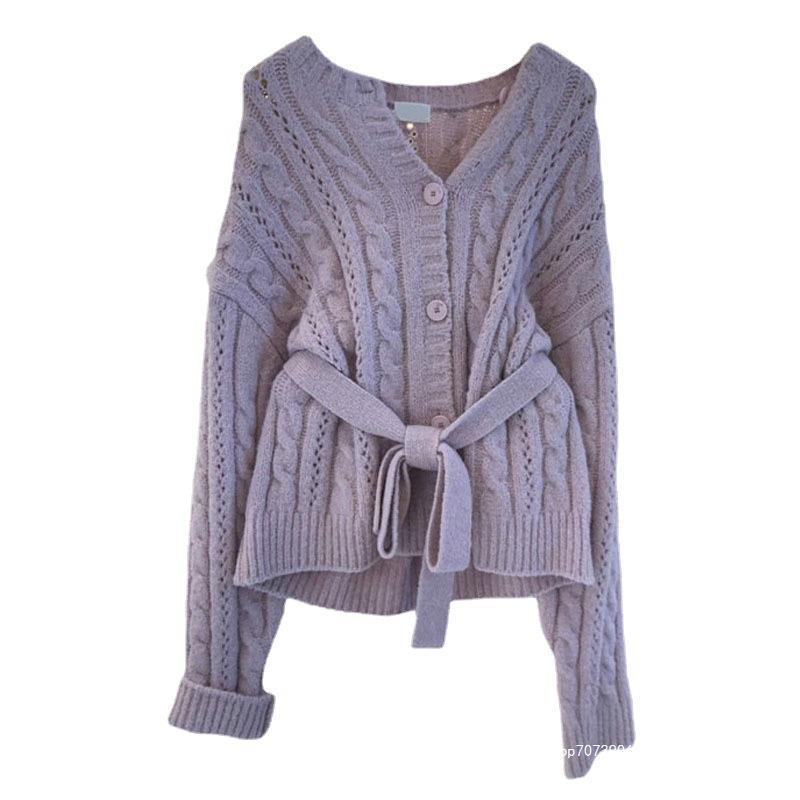 Women's cardigan with waist belt and cable knit pattern NOVAE