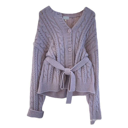 Women's cardigan with waist belt and cable knit pattern NOVAE
