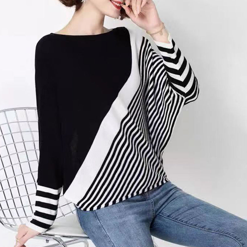 Women's fashionable knit sweater with asymmetrical cut and graphic stripe pattern NOVAE