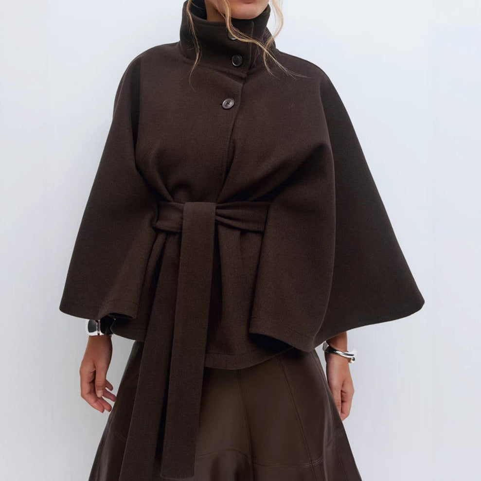 Women's elegant cape jacket with high stand-up collar and chic belt NOVAE