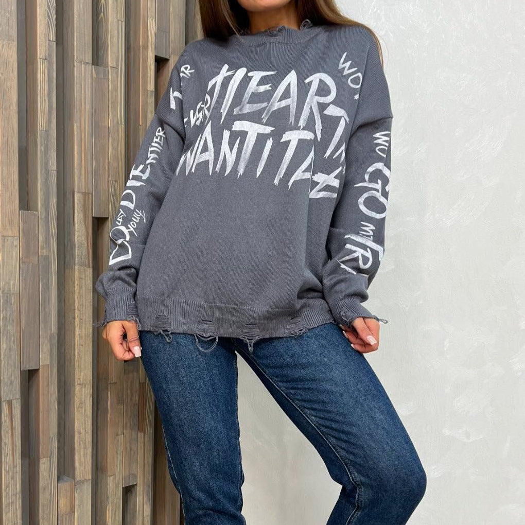 Women's oversized sweatshirt with creative lettering and fashionable ripped details NOVAE