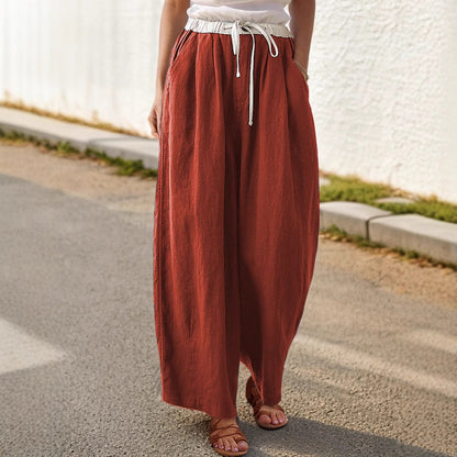 Women's wide-leg linen trousers with elasticated waistband and stylish drawstring NOVAE
