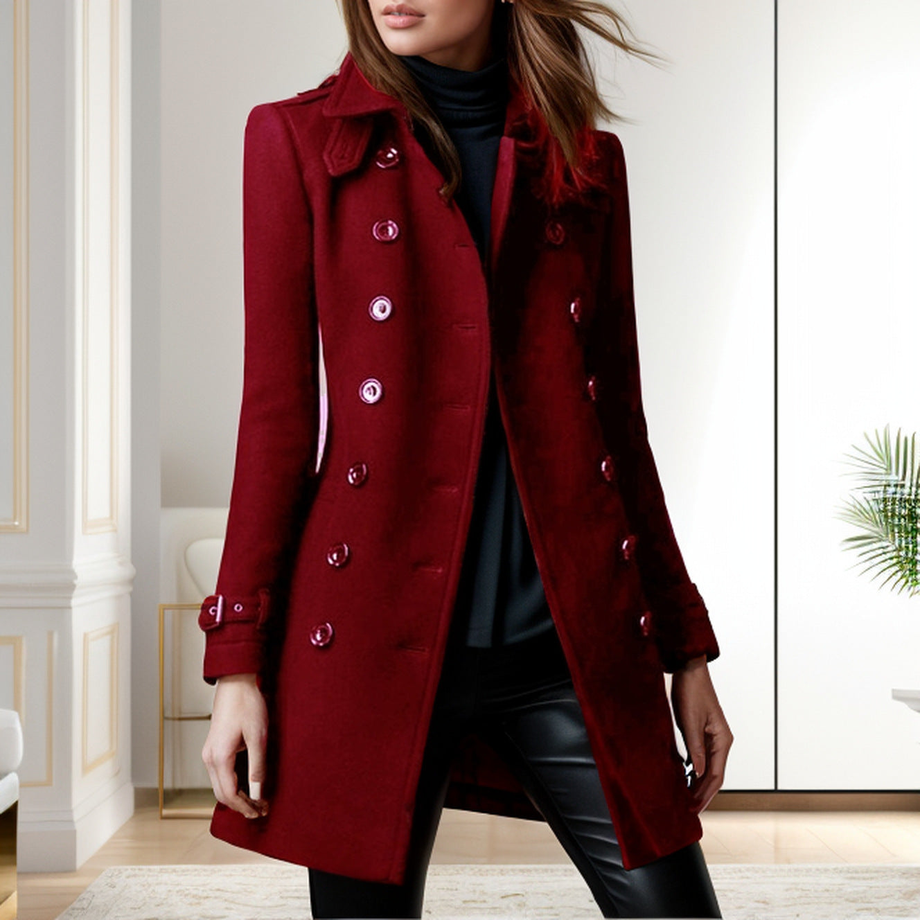 Women's elegant trench coat with double-breasted button closure and weighted collar NOVAE