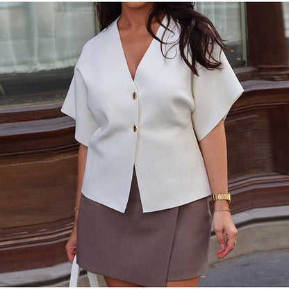 Women's fashionable blouse with V-neck and short sleeves NOVAE