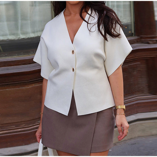 Women's fashionable blouse with V-neck and short sleeves NOVAE