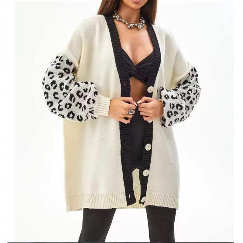 Women's chunky knit cardigan with leopard print and button detailing NOVAE