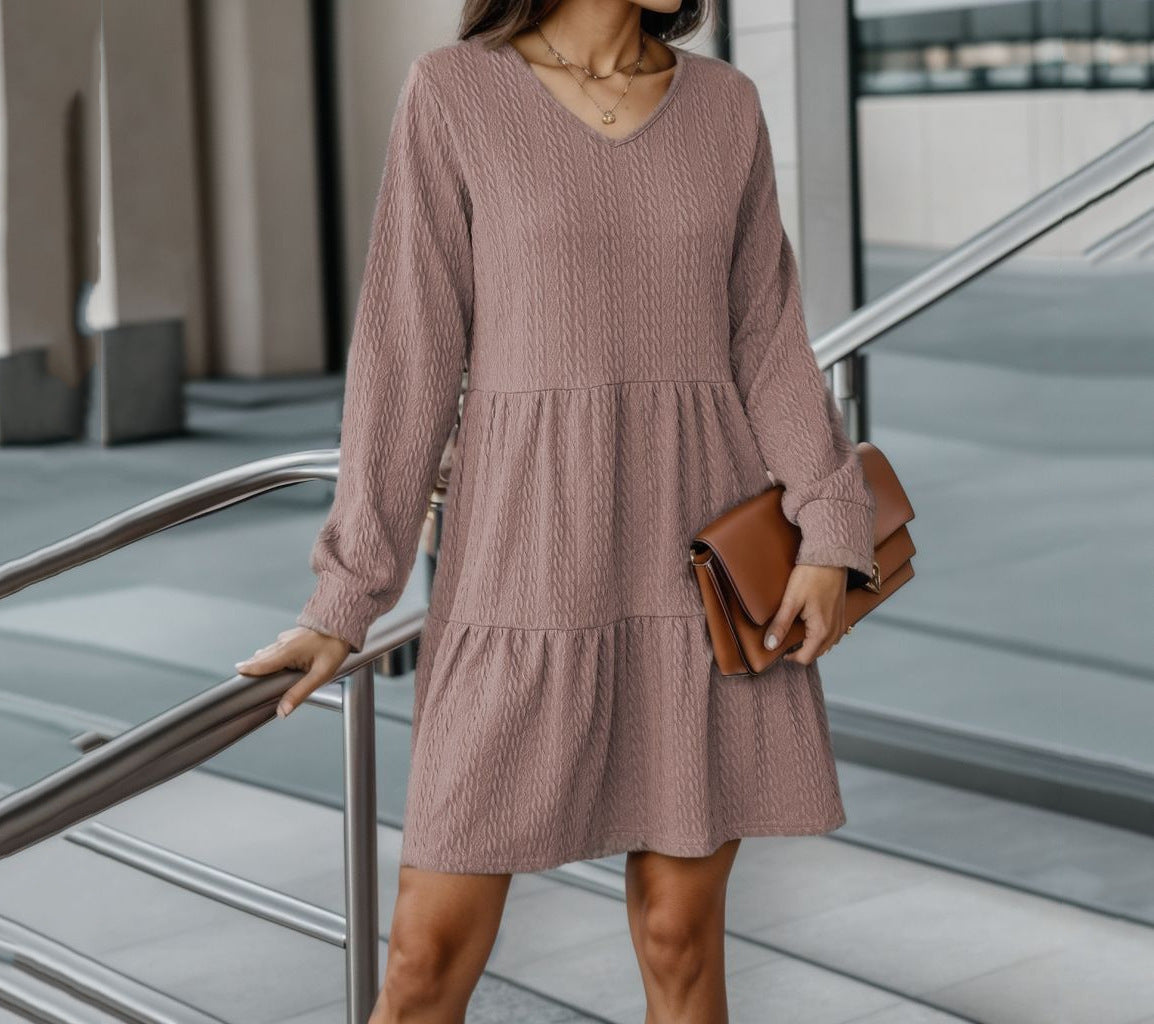 Women's casual V-neck dress with voluminous hem and long sleeves NOVAE