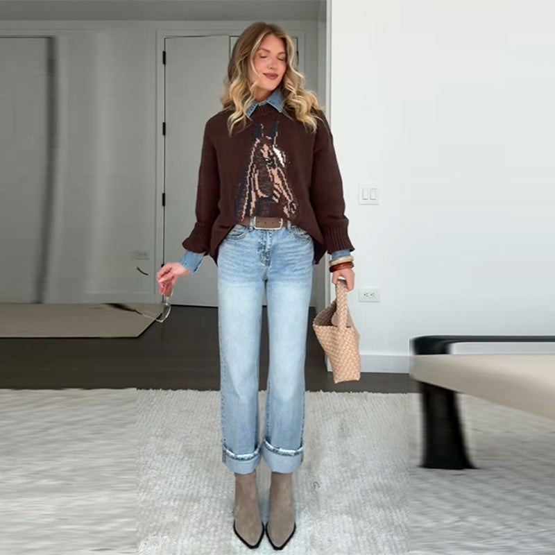 Women's sweatshirt with artistic animal motif and relaxed fit NOVAE