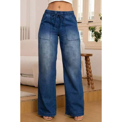 Women's wide-leg denim trousers with elasticated waistband and side pockets NOVAE