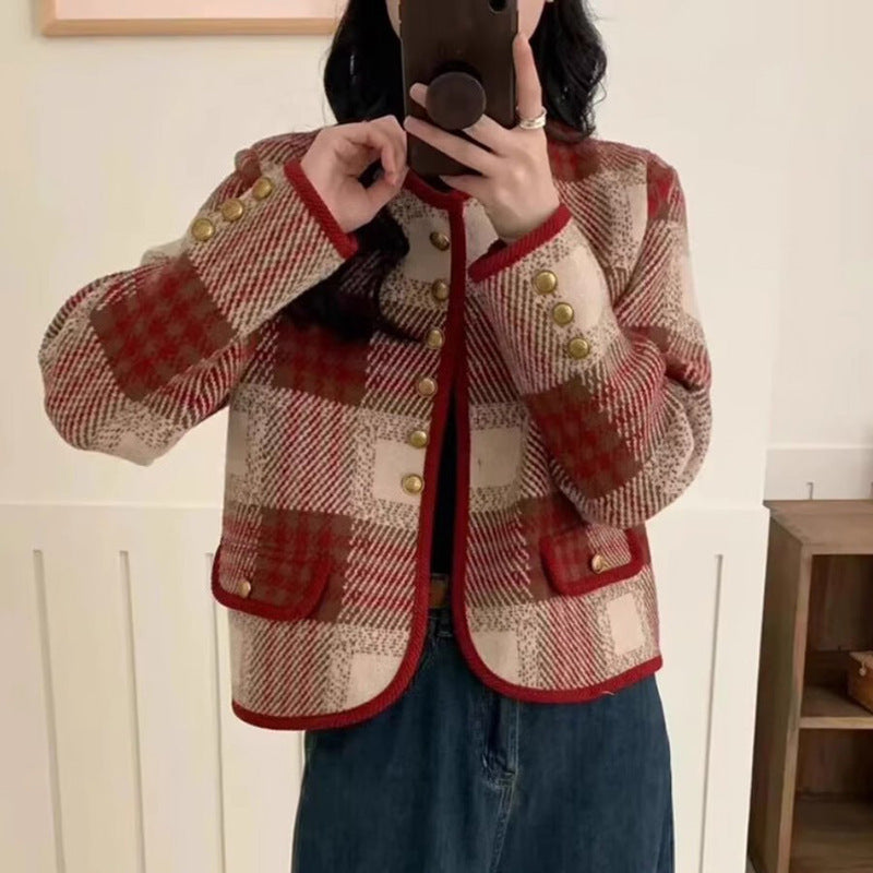 Women's casual blazer with elegant check pattern and button details NOVAE