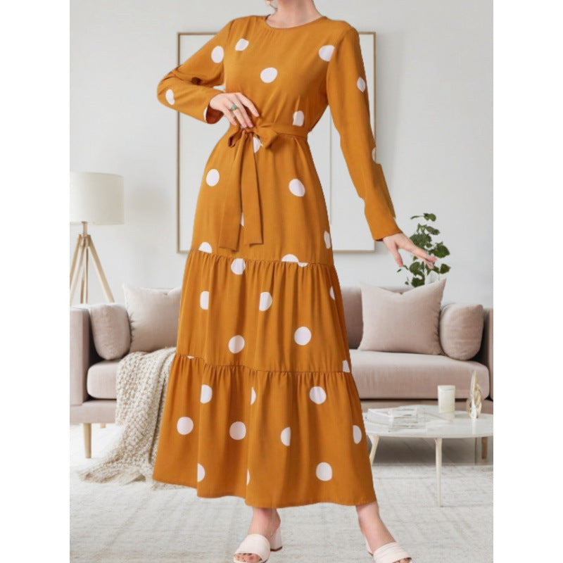 Women's maxi dress with colorful polka dot pattern and waist belt NOVAE