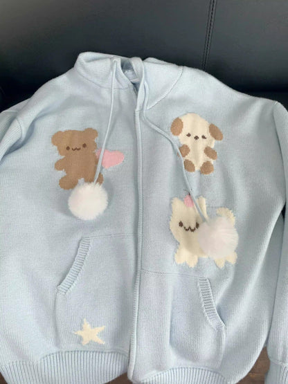 Women's hooded jacket with playful animal motifs and pompoms NOVAE