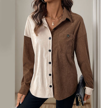 Women's corduroy shirt with a fashionable color block design and sporty character NOVAE