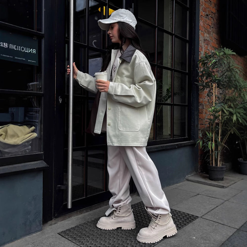 Women's casual oversized jacket with leather collar and practical pockets NOVAE