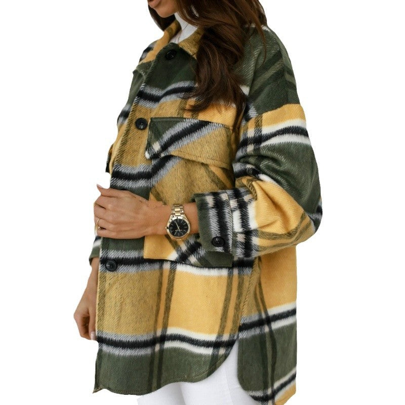 Women's Oversized Flannel Jacket with Check Pattern and Pockets NOVAE