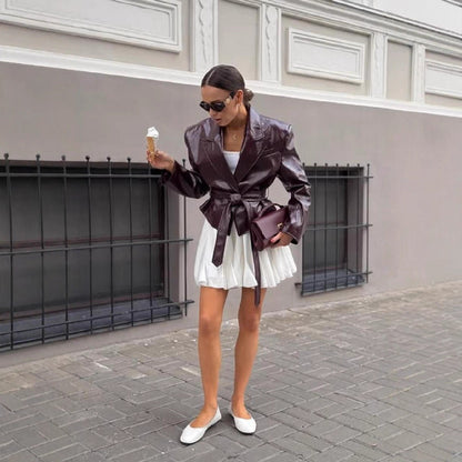 Women's faux leather blazer with adjustable belt NOVAE