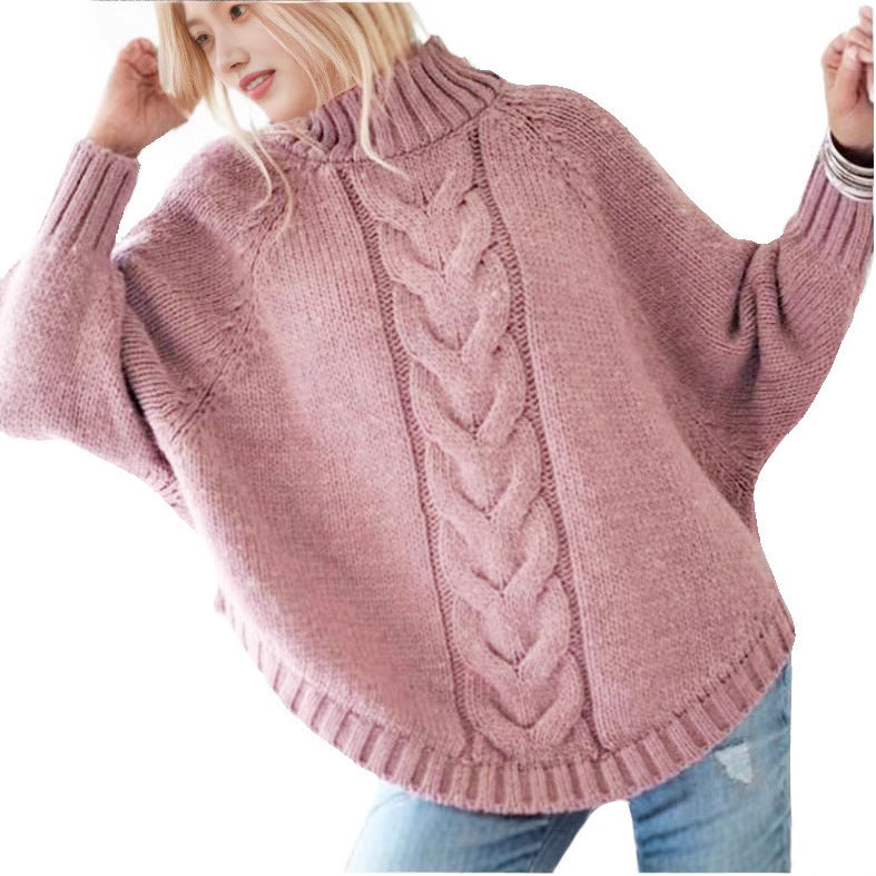 Women's chunky knit sweater with high collar and decorative cable pattern NOVAE