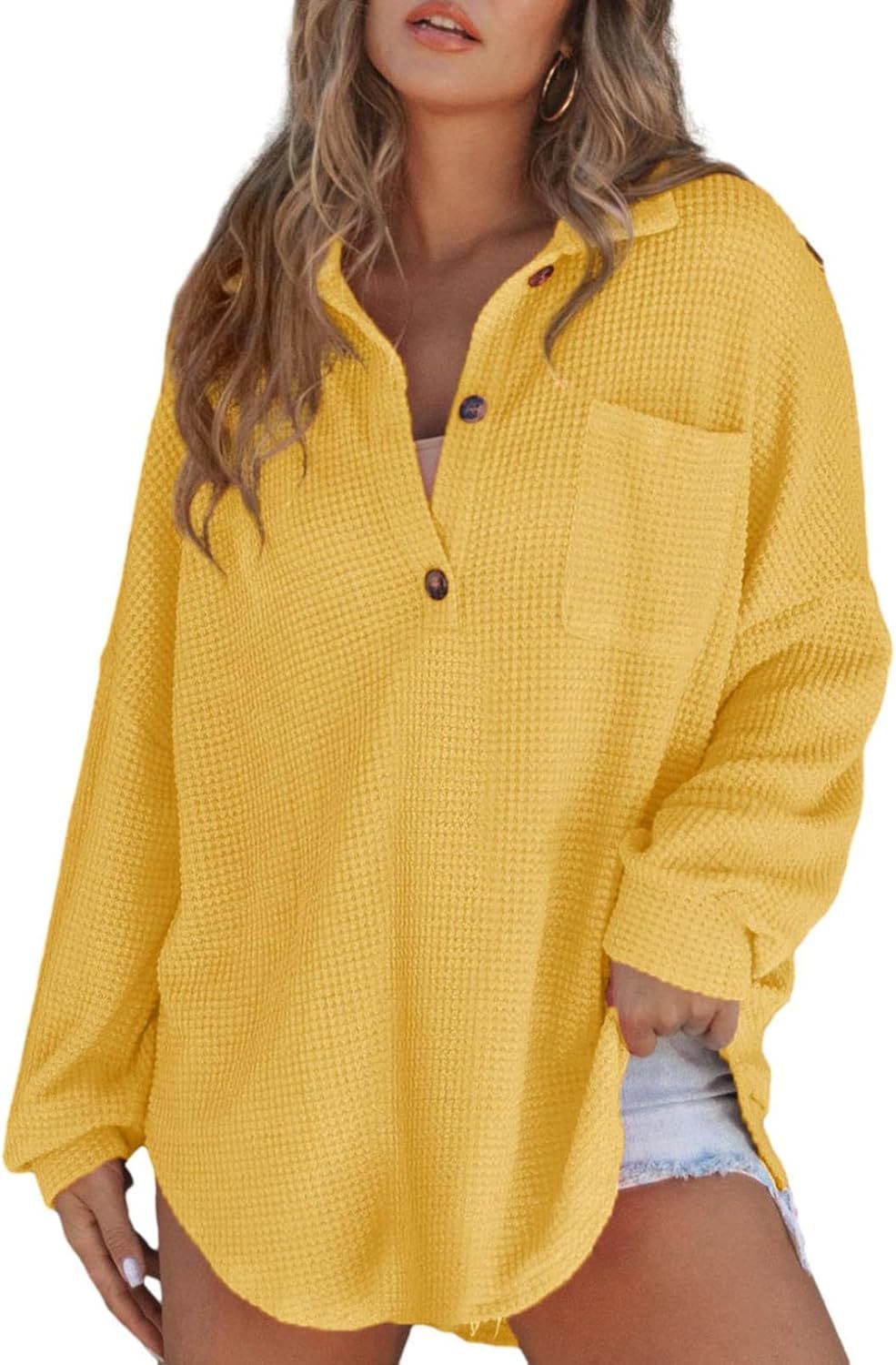 Women's casual waffle knit top with button placket NOVAE