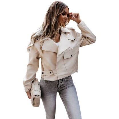 Women's faux leather biker jacket with elegant buckle and pockets NOVAE