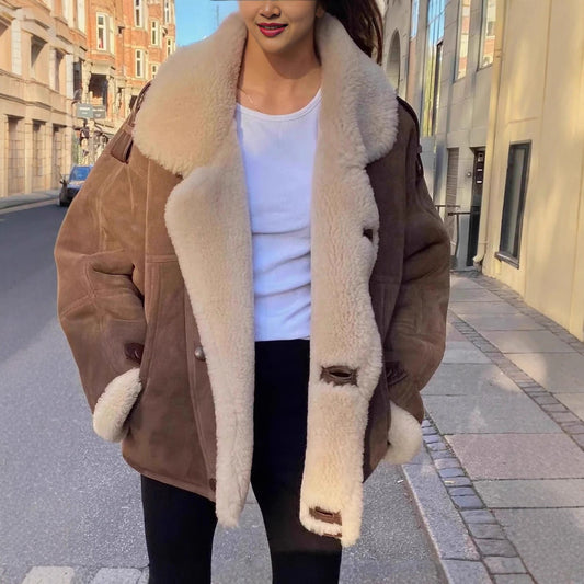 Women's teddy leather jacket with unusual collar and detachable details NOVAE