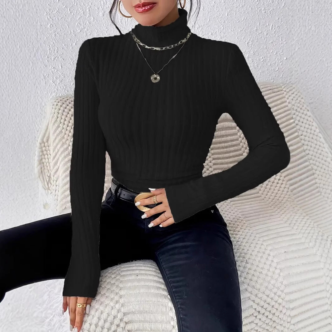 Women's Ribbed Knit Turtleneck Top with Long Sleeves NOVAE