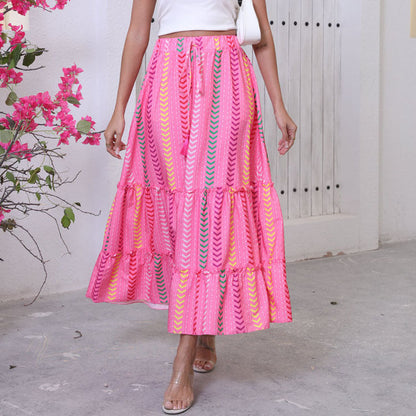 Women's long maxi skirt with cheerful tiered design and elastic waistband NOVAE