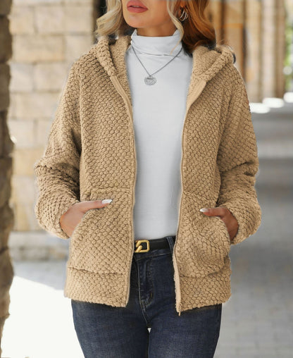 Women's Plush Fleece Jacket with Hoodie and Pockets NOVAE