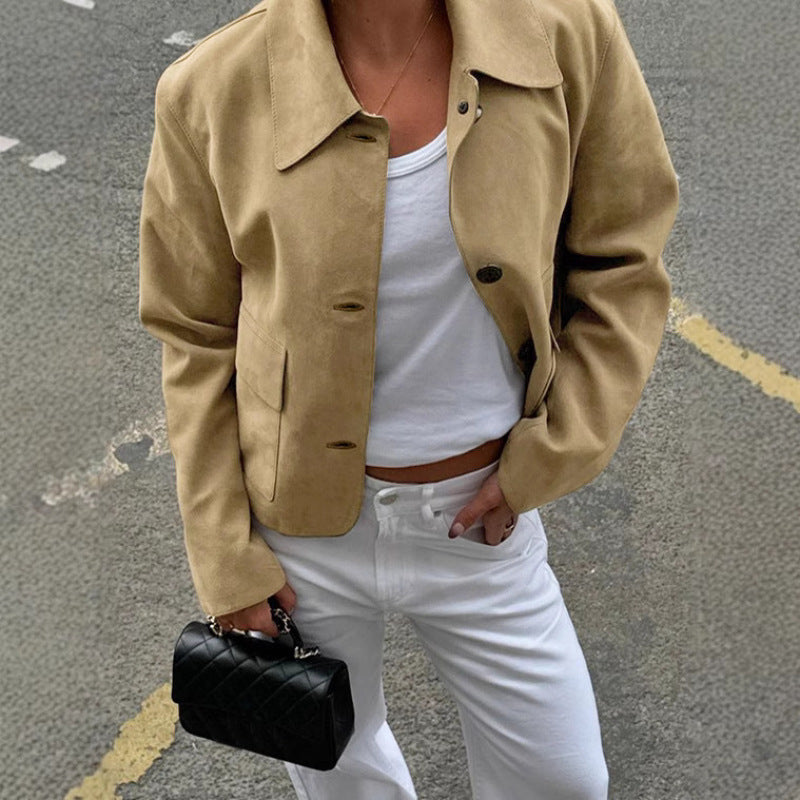 Women's fashionable suede jacket with practical pockets and classic collar NOVAE