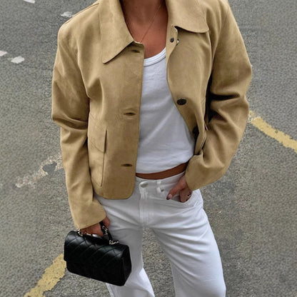 Women's fashionable suede jacket with practical pockets and classic collar NOVAE