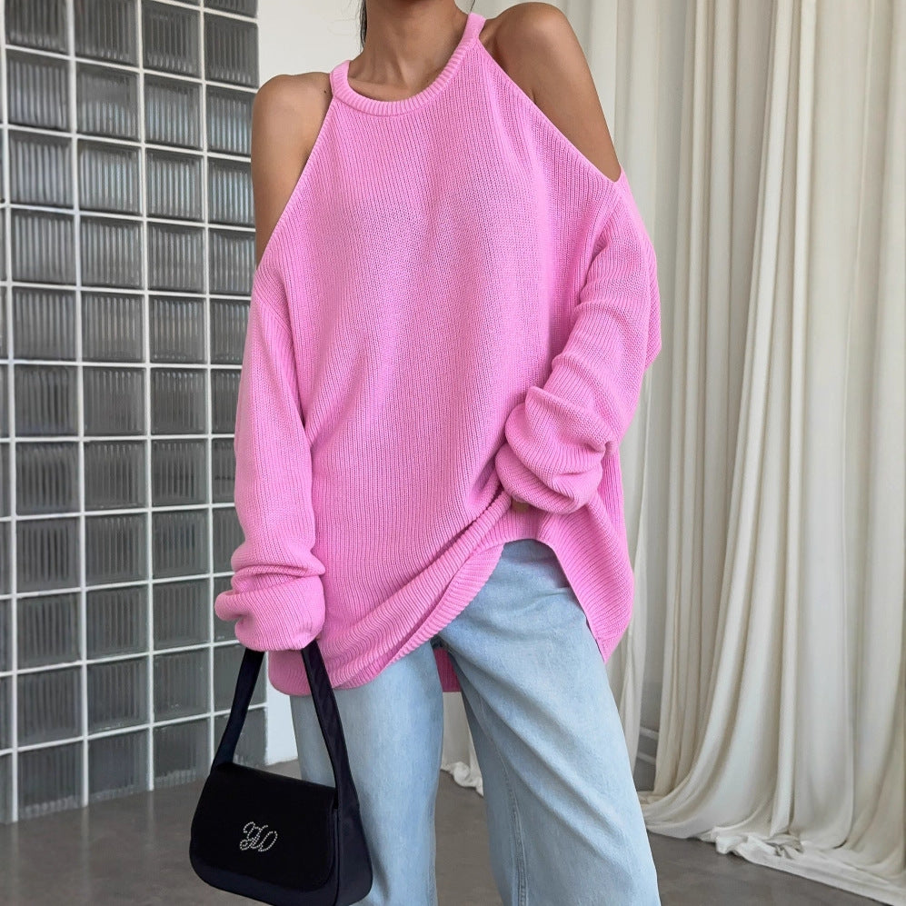 Women's casual knit sweater with open shoulder design and soft rib pattern NOVAE