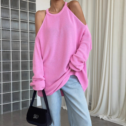 Women's casual knit sweater with open shoulder design and soft rib pattern NOVAE