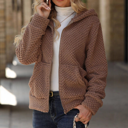 Women's Plush Fleece Jacket with Hoodie and Pockets NOVAE