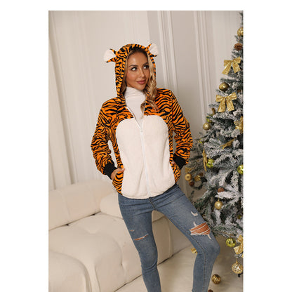 Women's plush jacket in tiger design with high collar and side pockets NOVAE