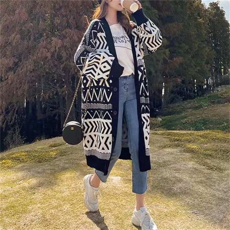 Women's Long Cardigan with Graphic Design and Deep Pockets NOVAE