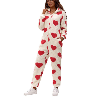 Women's hooded molton jumpsuit with heart pattern NOVAE