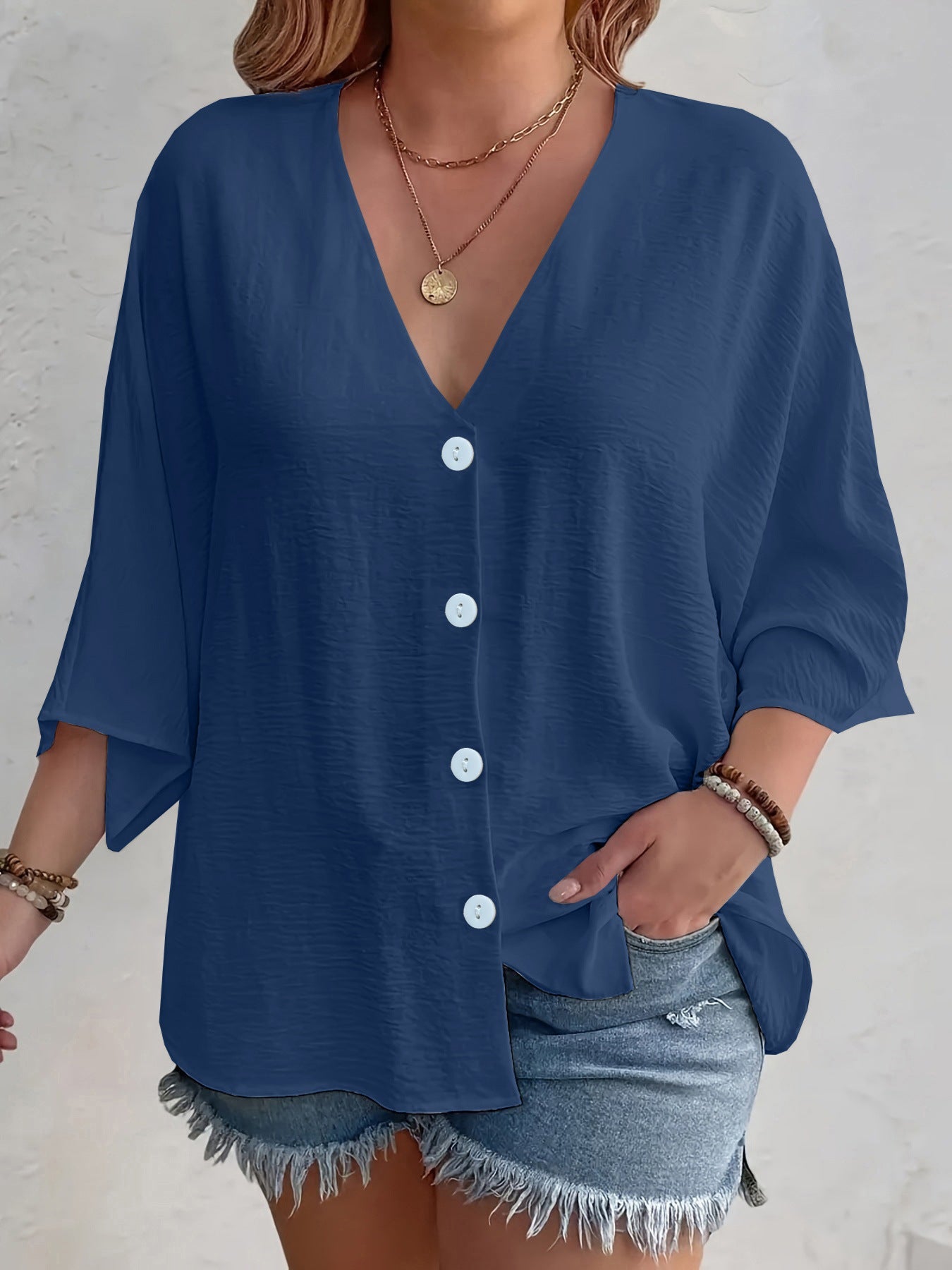Women's flattering short-sleeved blouse with button placket and V-neck NOVAE