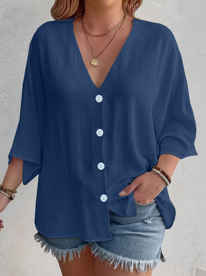 Women's flattering short-sleeved blouse with button placket and V-neck NOVAE